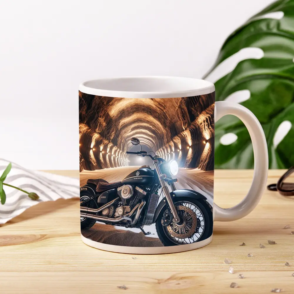 Black Cruiser Motorcycle Inside Stone Tunnel – Mugs
