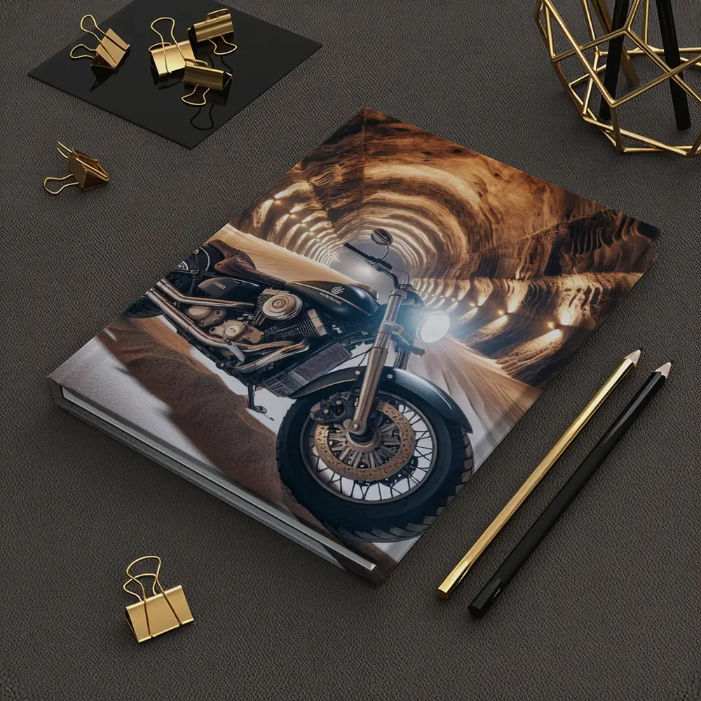 Black Cruiser Motorcycle Inside Stone Tunnel – Notebooks