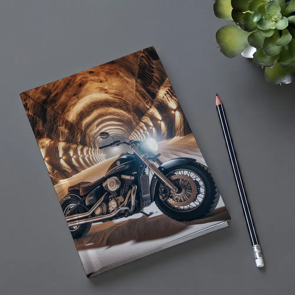 Black Cruiser Motorcycle Inside Stone Tunnel – Notebooks
