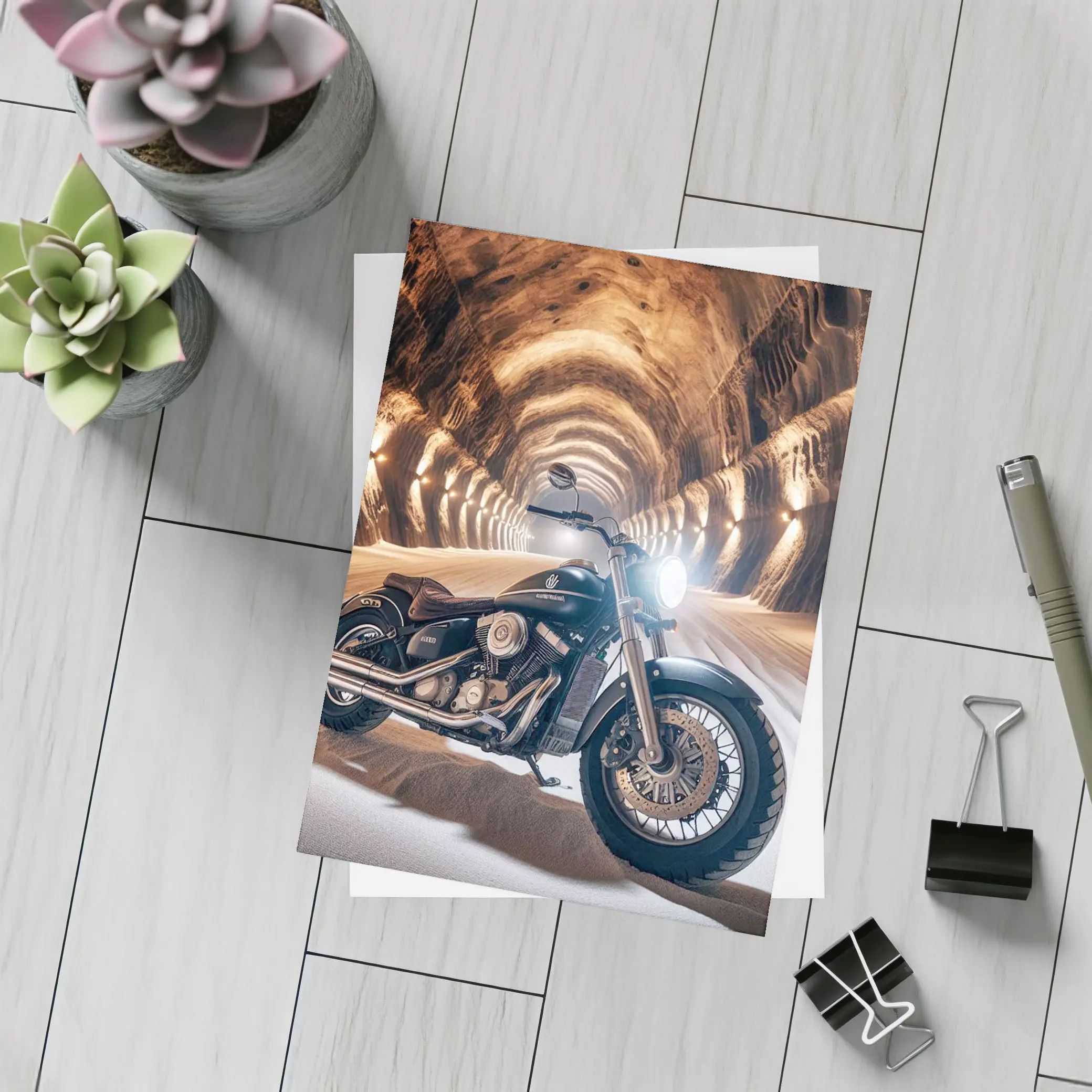 Black Cruiser Motorcycle Inside Stone Tunnel – Postcards