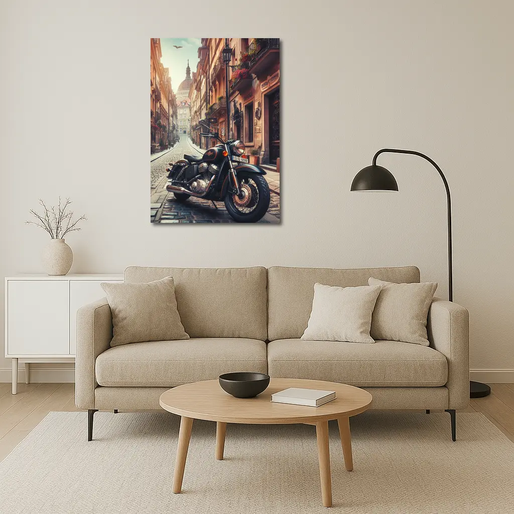 Classic Cruiser Motorcycle Parked Cobblestone European Street – Wall Art