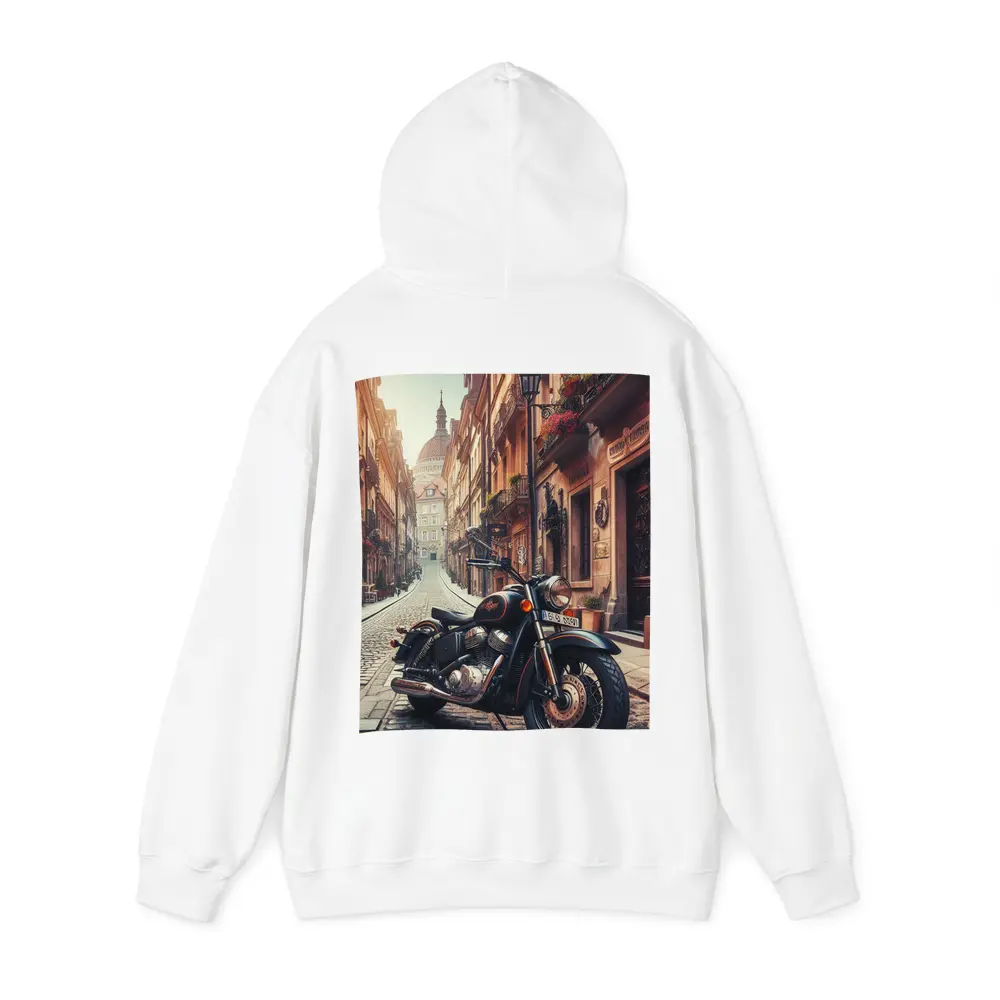 Classic Cruiser Motorcycle Parked Cobblestone European Street – Hoodies