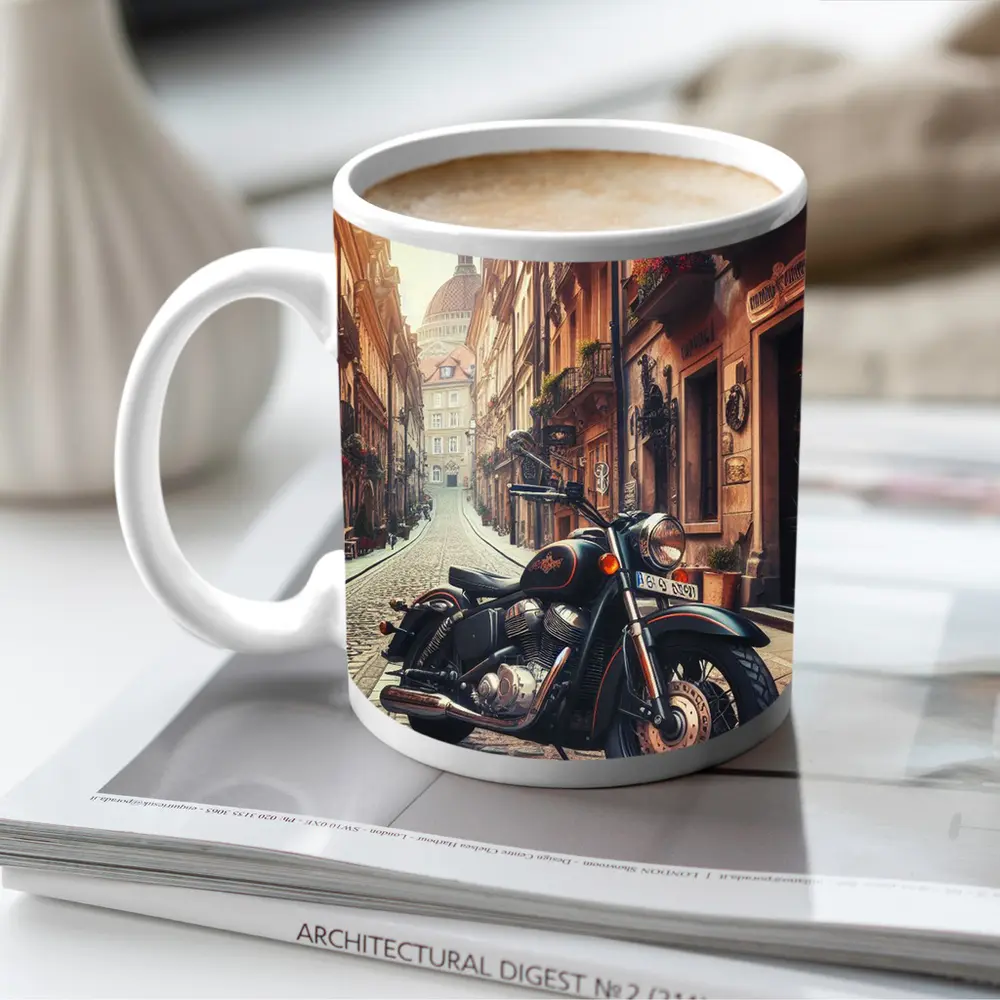 Classic Cruiser Motorcycle Parked Cobblestone European Street – Mugs
