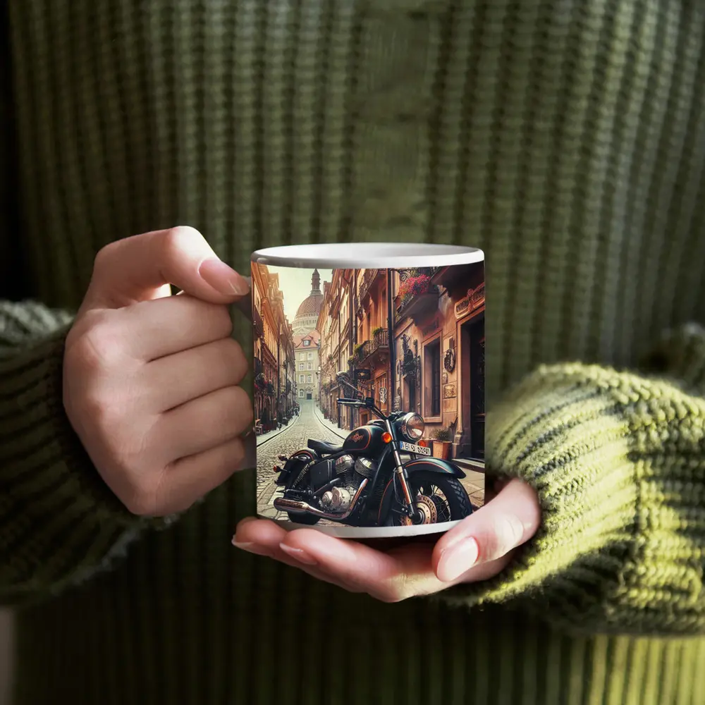 Classic Cruiser Motorcycle Parked Cobblestone European Street – Mugs