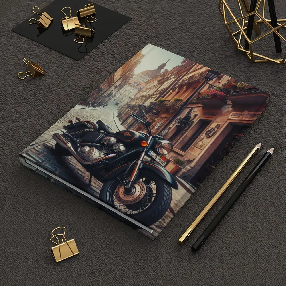 Classic Cruiser Motorcycle Parked Cobblestone European Street – Notebooks
