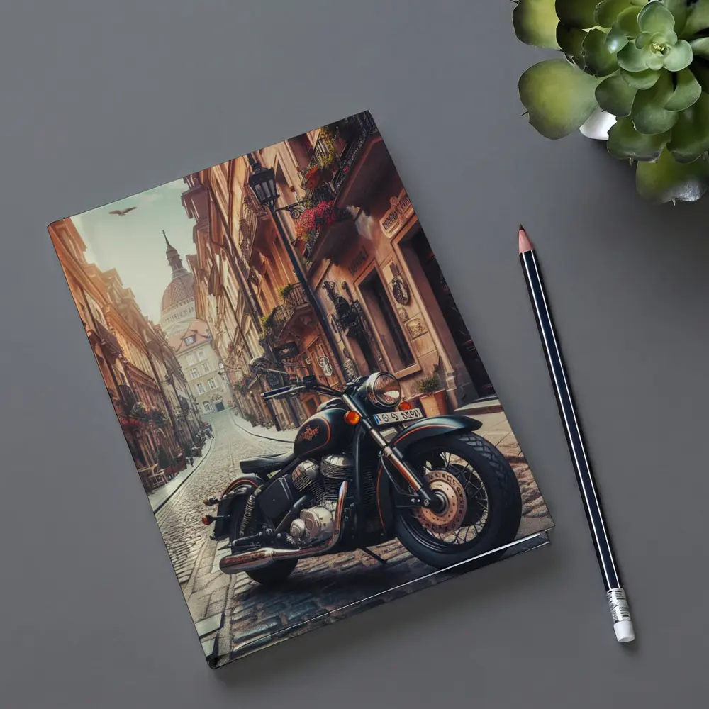 Classic Cruiser Motorcycle Parked Cobblestone European Street – Notebooks