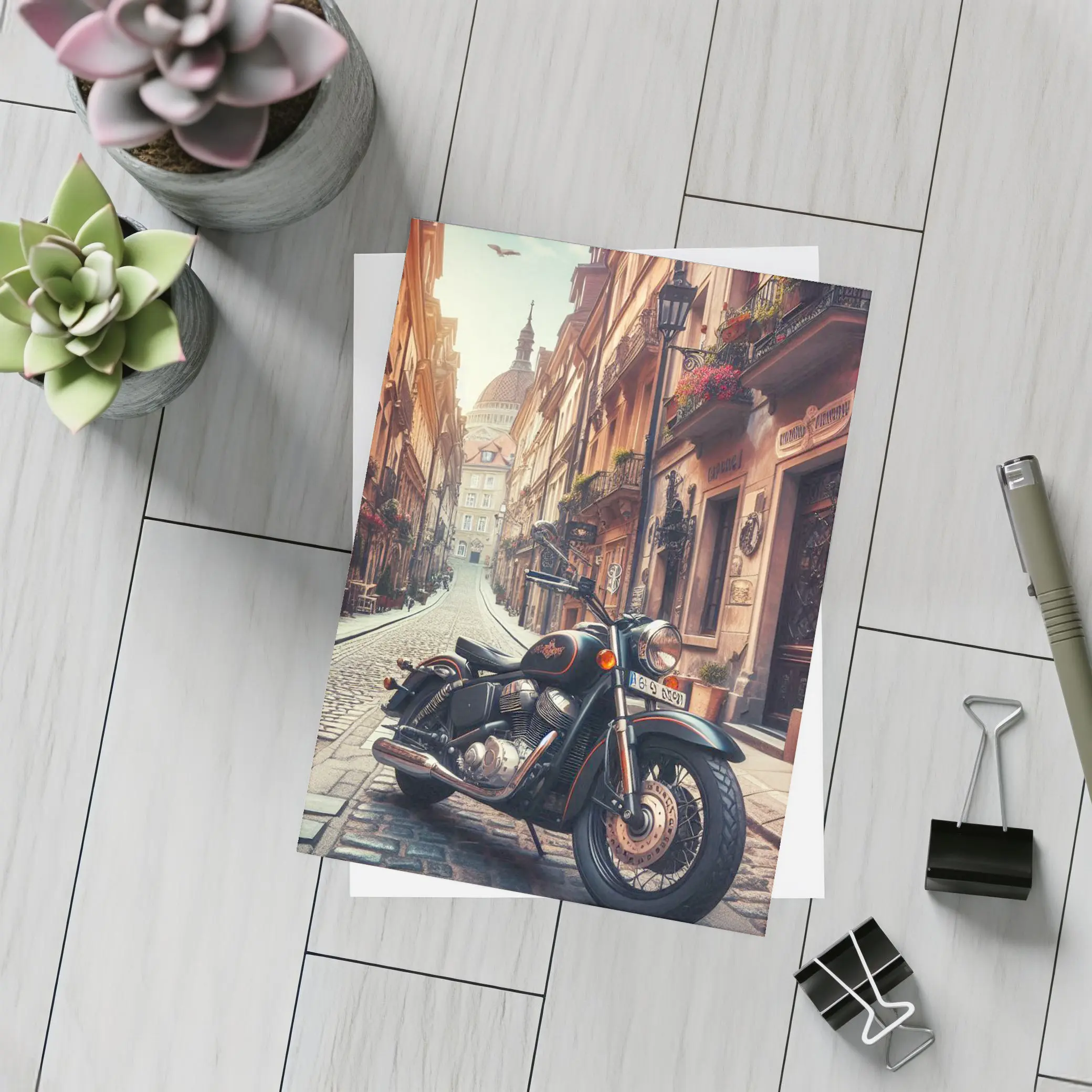 Classic Cruiser Motorcycle Parked Cobblestone European Street – Postcards