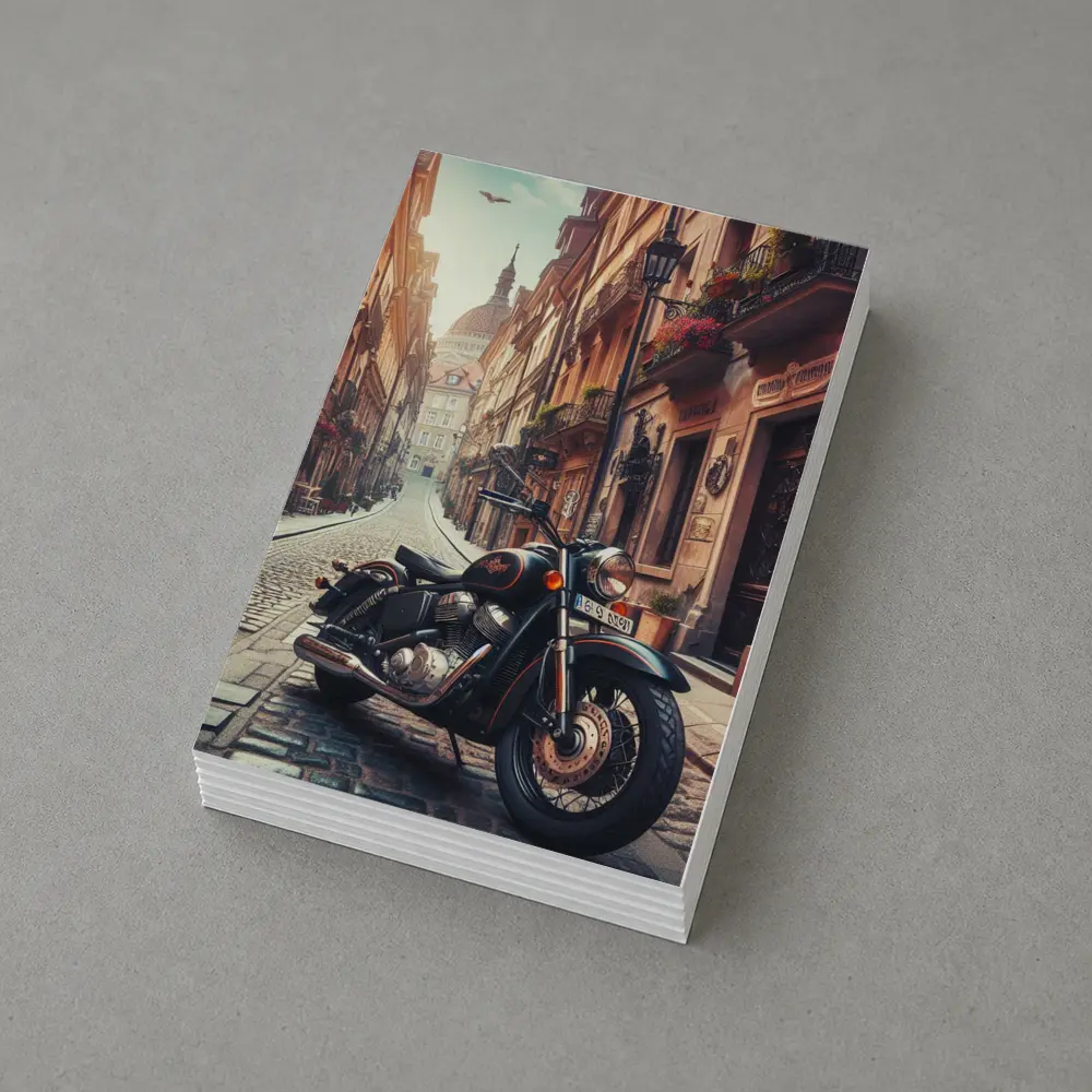 Classic Cruiser Motorcycle Parked Cobblestone European Street – Postcards