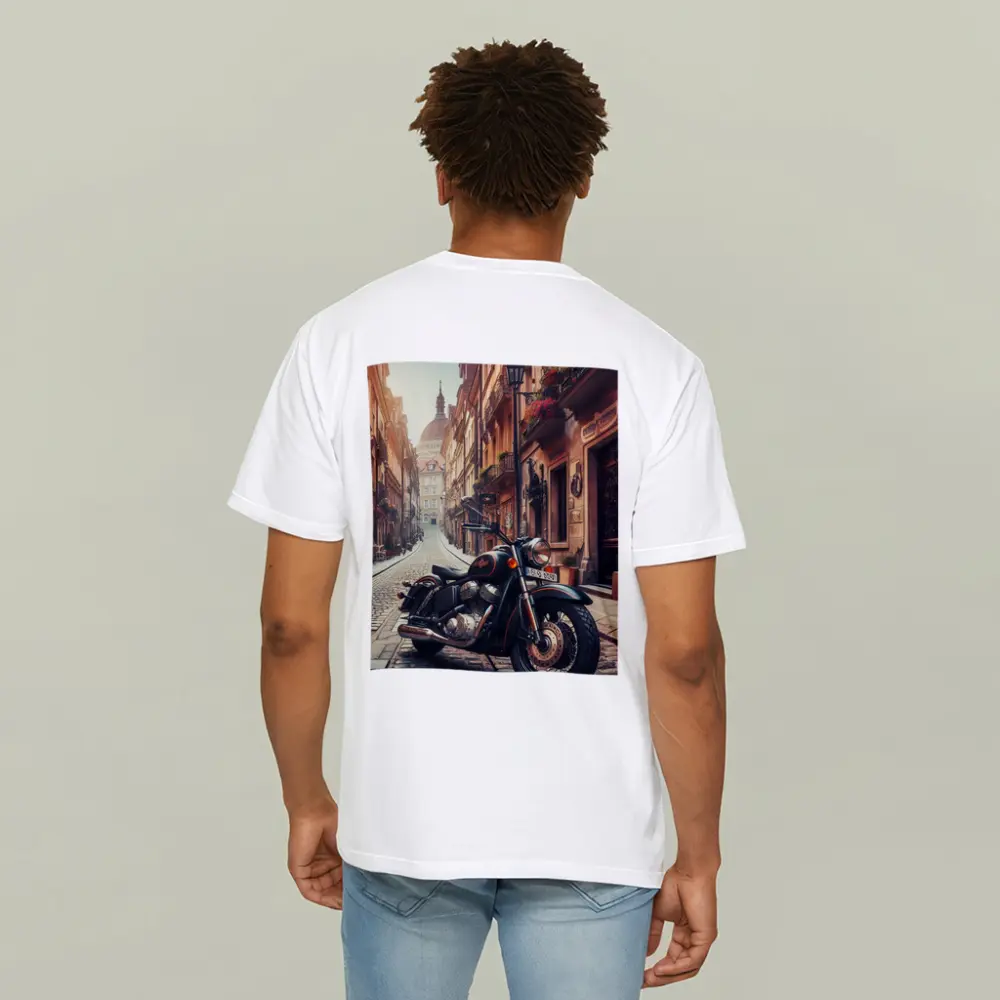 Classic Cruiser Motorcycle Parked Cobblestone European Street – T-Shirts