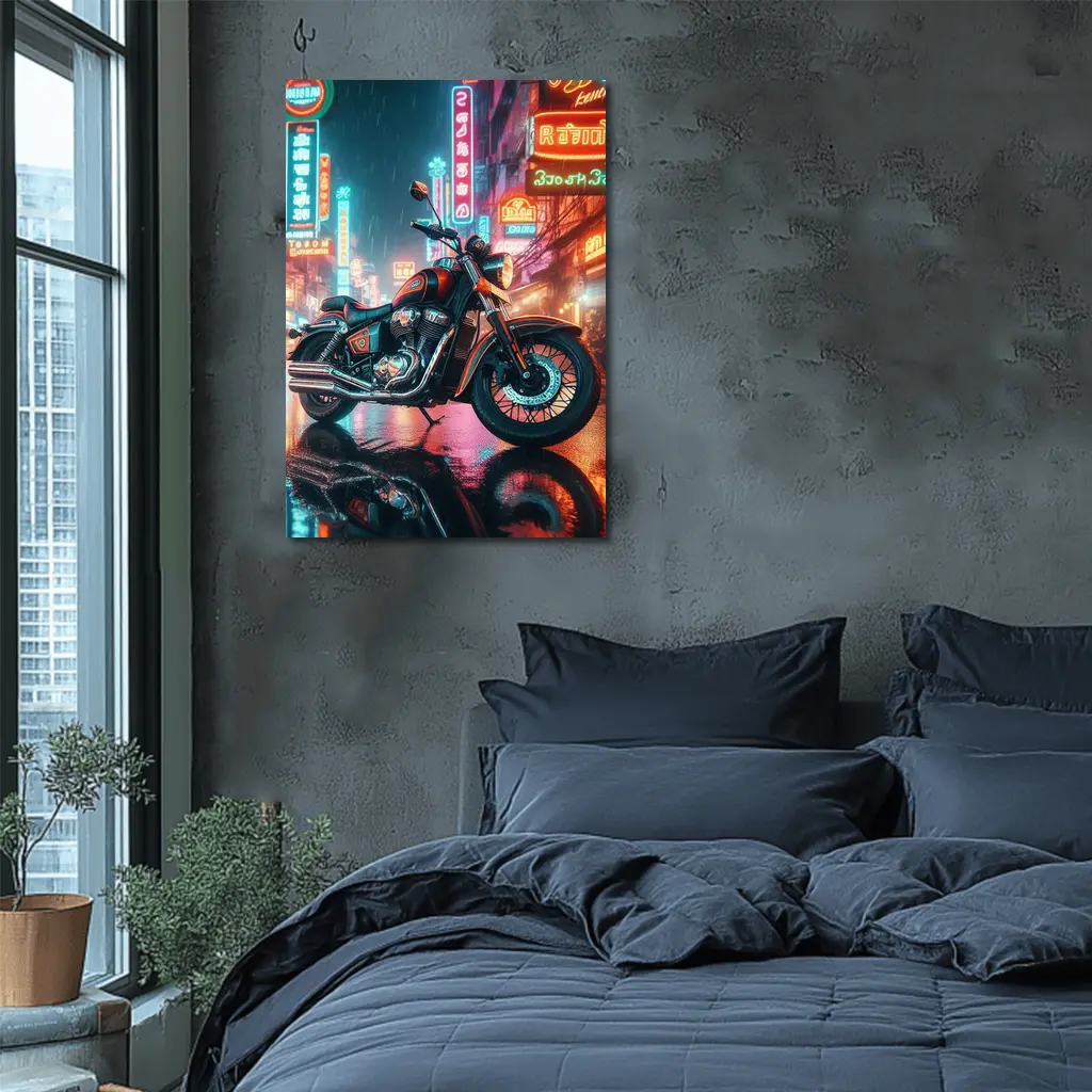 Classic Cruiser Motorcycle Neon Rainy City – Wall Art