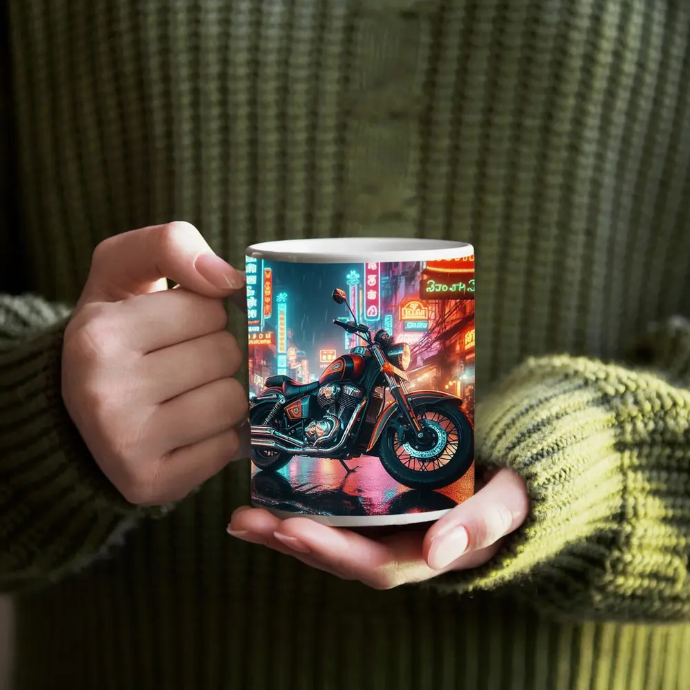 Classic Cruiser Motorcycle Neon Rainy City – Mugs