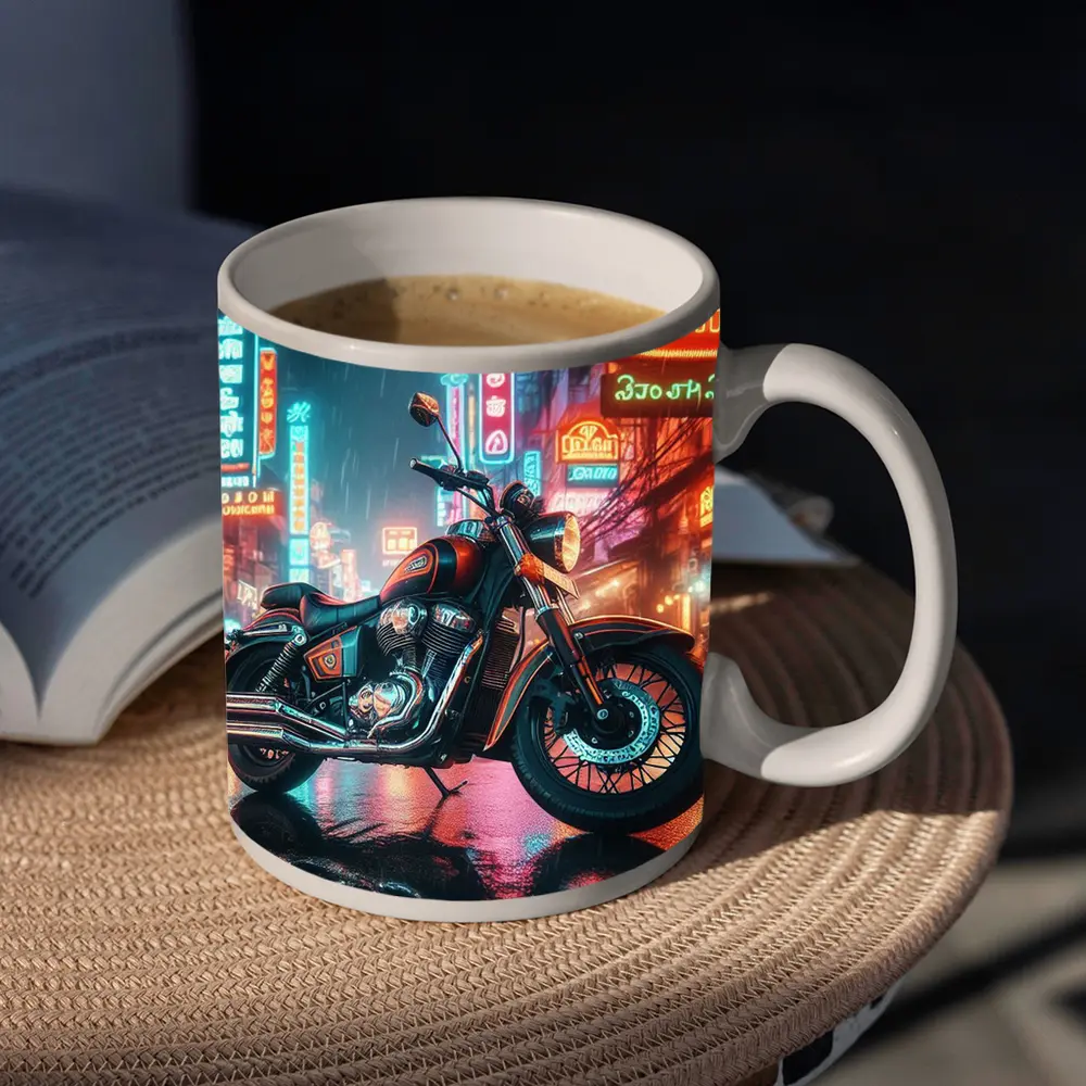 Classic Cruiser Motorcycle Neon Rainy City – Mugs