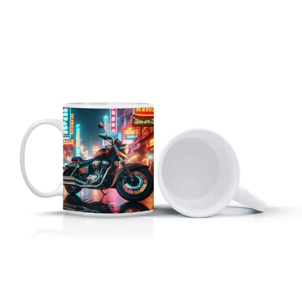 Classic Cruiser Motorcycle Neon Rainy City – Mugs