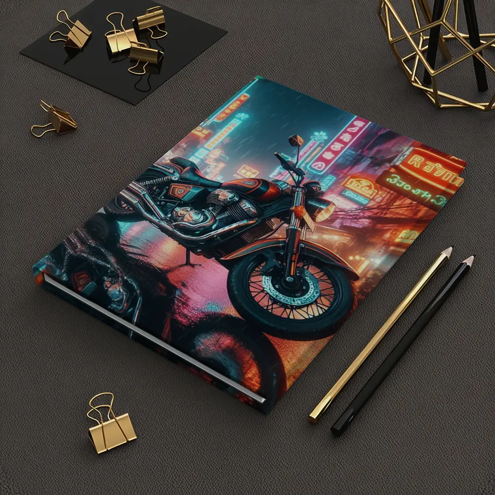 Classic Cruiser Motorcycle Neon Rainy City – Notebooks
