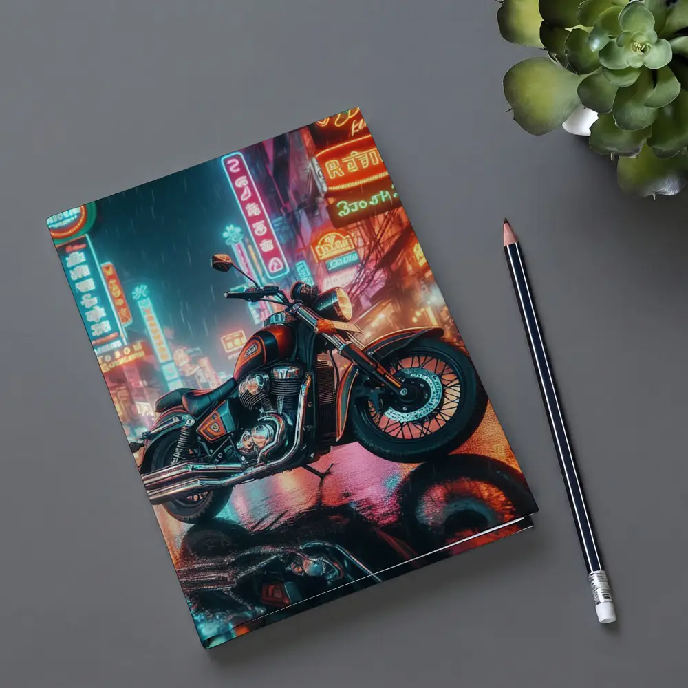 Classic Cruiser Motorcycle Neon Rainy City – Notebooks