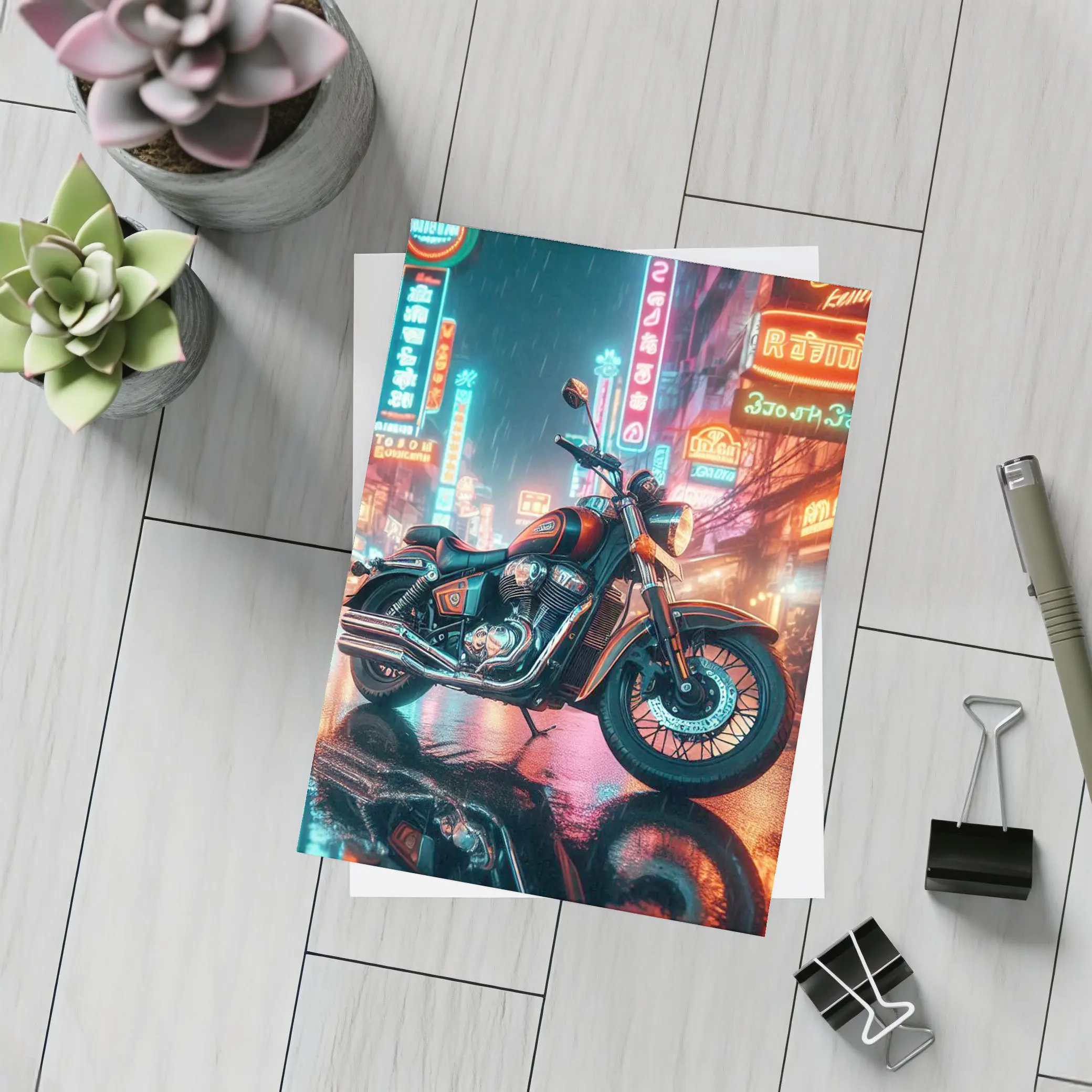Classic Cruiser Motorcycle Neon Rainy City – Postcards