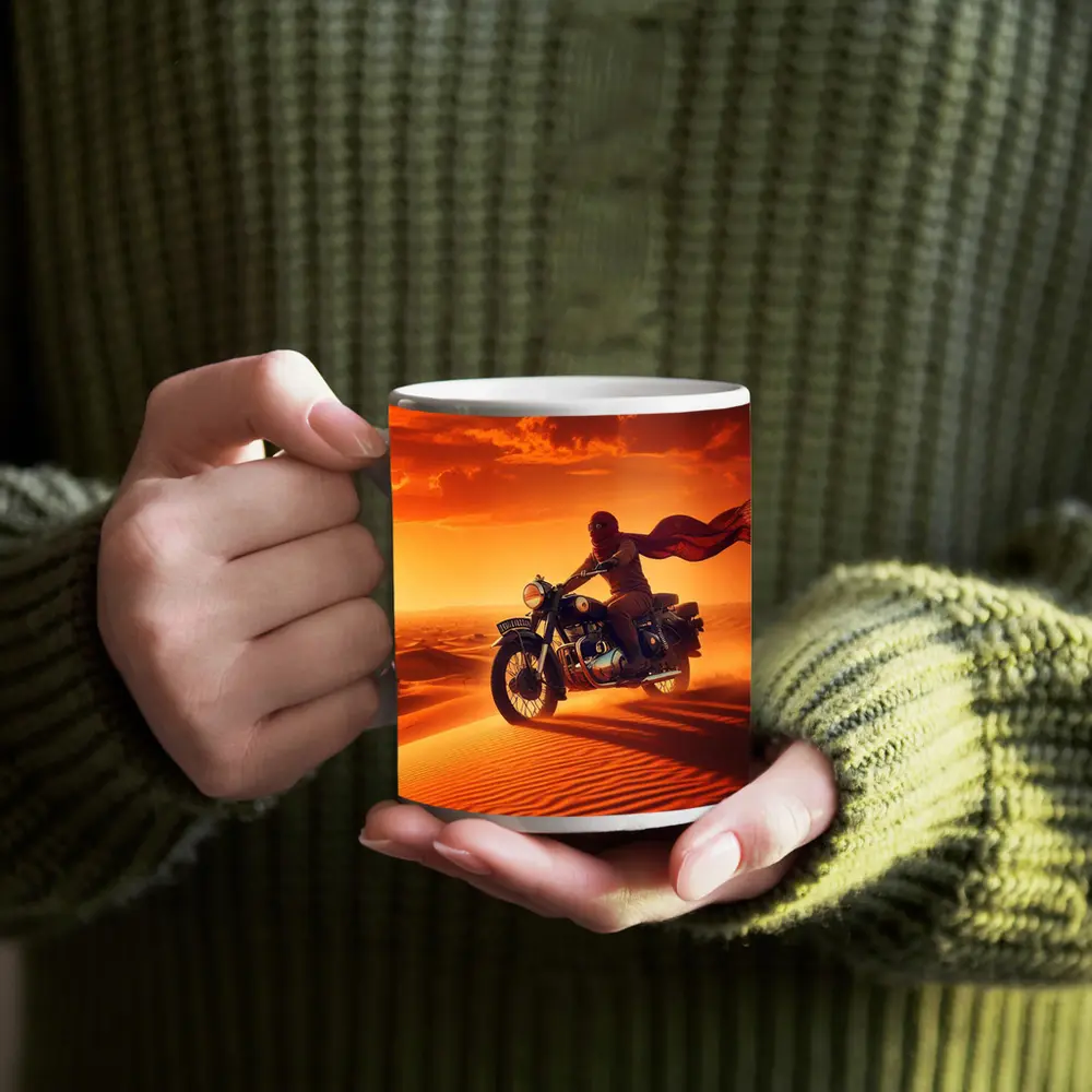 Royal Enfield Rider Crossing Desert Sand Dunes – Mugs