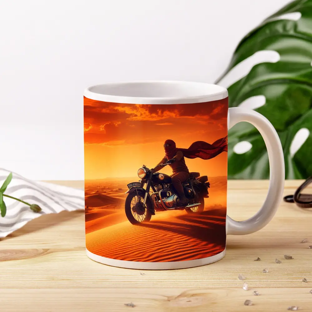 Royal Enfield Rider Crossing Desert Sand Dunes – Mugs