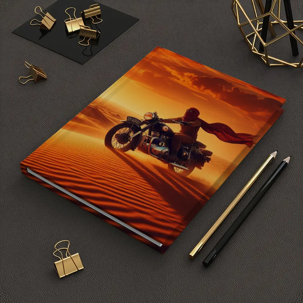 Royal Enfield Rider Crossing Desert Sand Dunes – Notebooks
