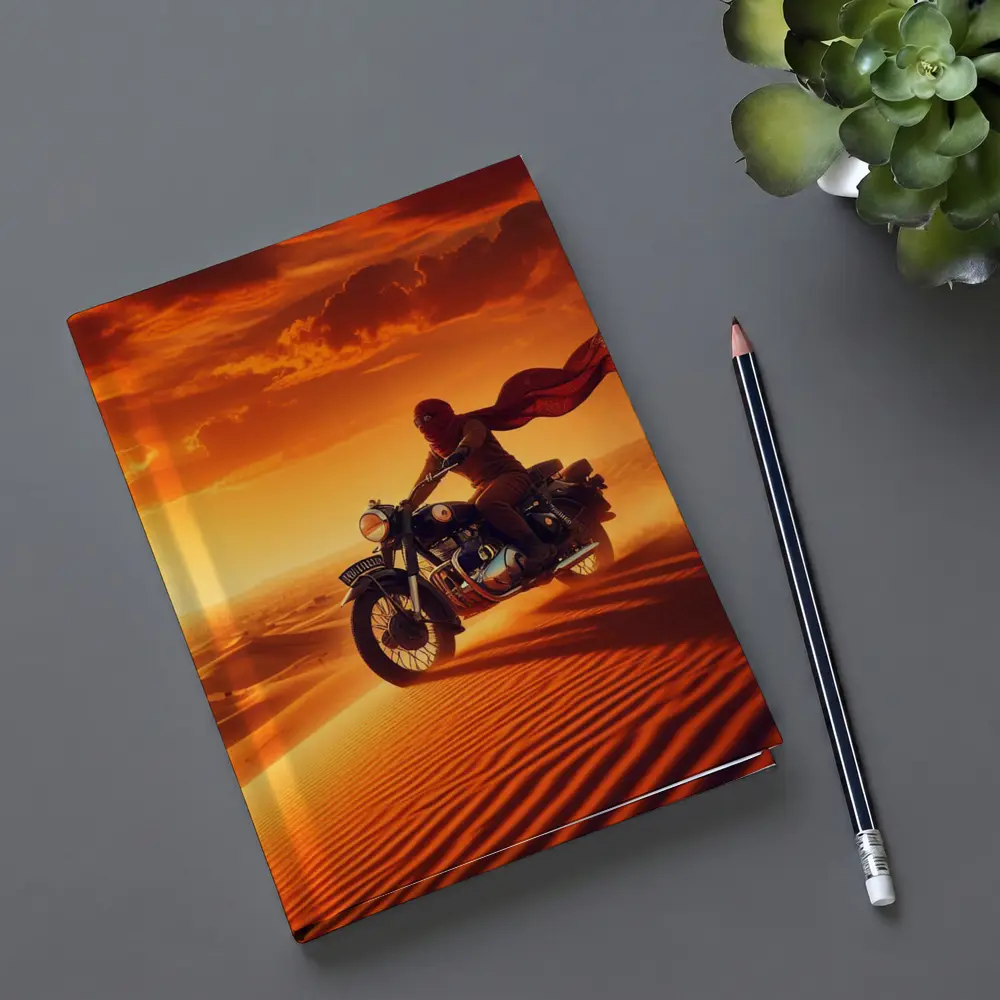 Royal Enfield Rider Crossing Desert Sand Dunes – Notebooks