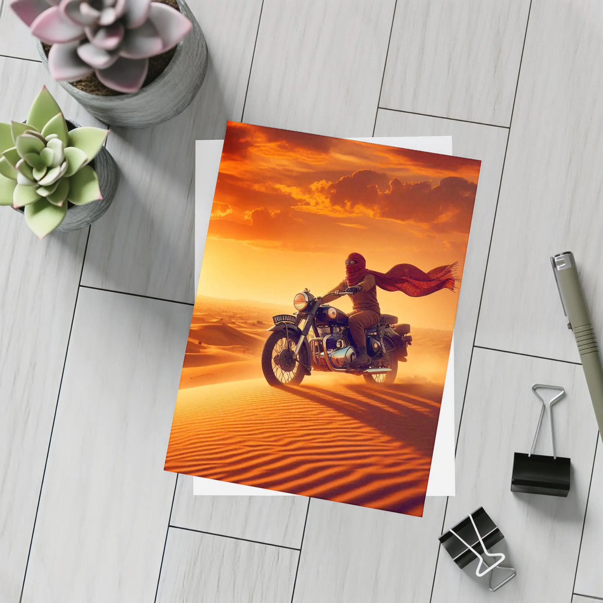 Royal Enfield Rider Crossing Desert Sand Dunes – Postcards