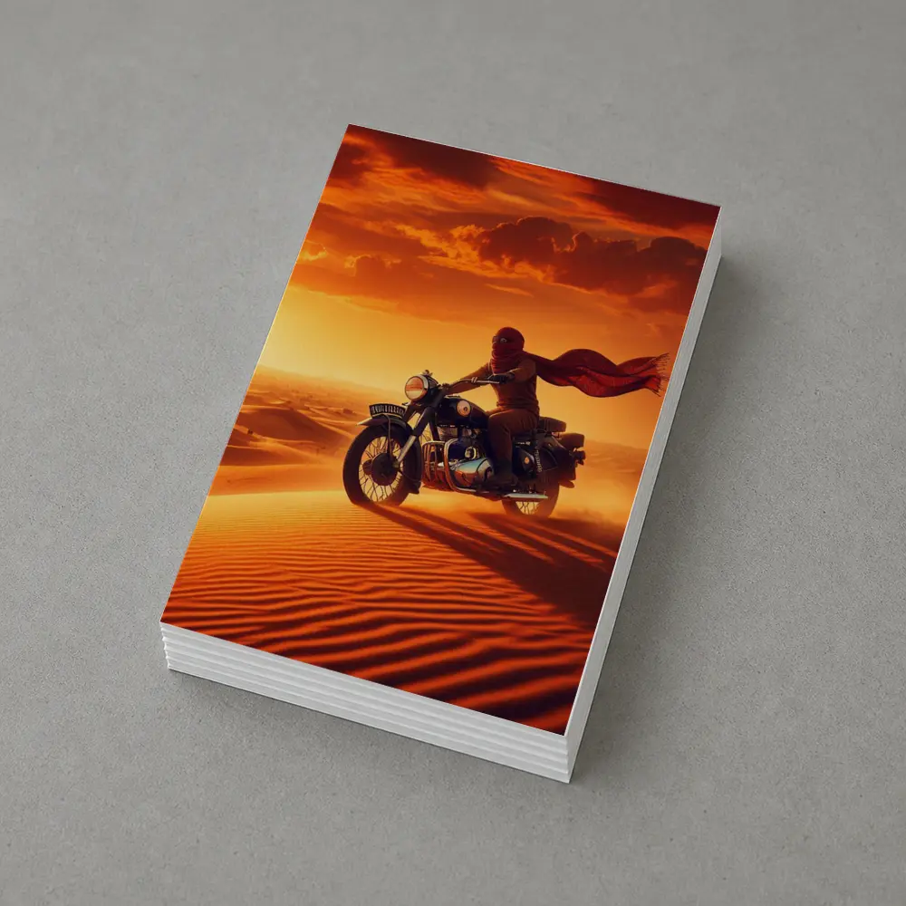 Royal Enfield Rider Crossing Desert Sand Dunes – Postcards