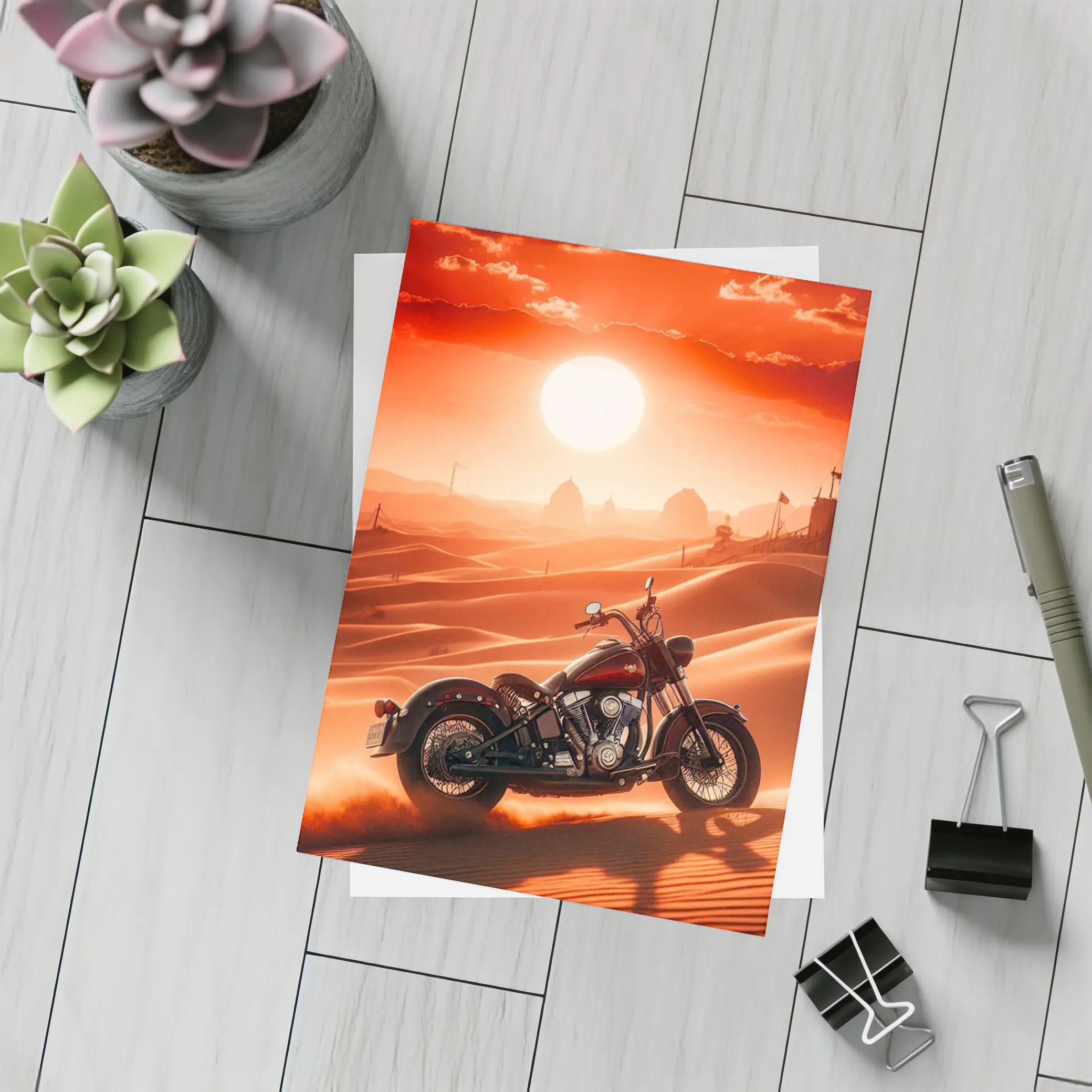 Harley Davidson Chopper Desert Sunset Scene – Postcards