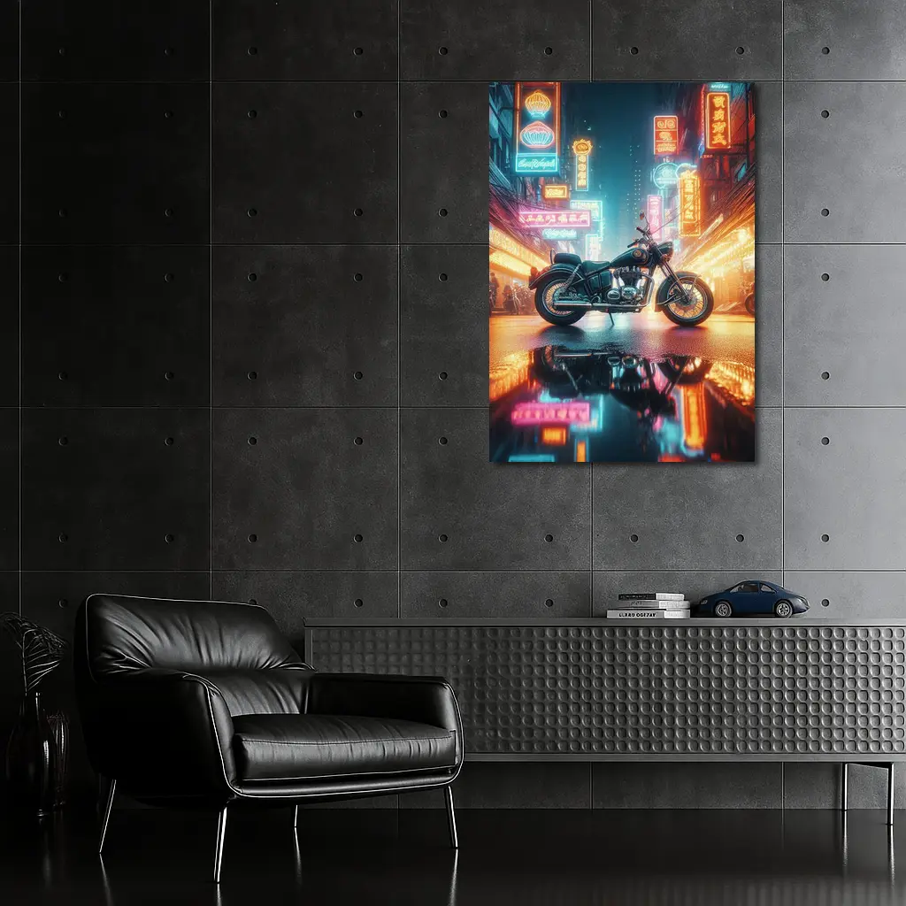 Classic Cruiser Motorcycle Neon City Night – Wall Art