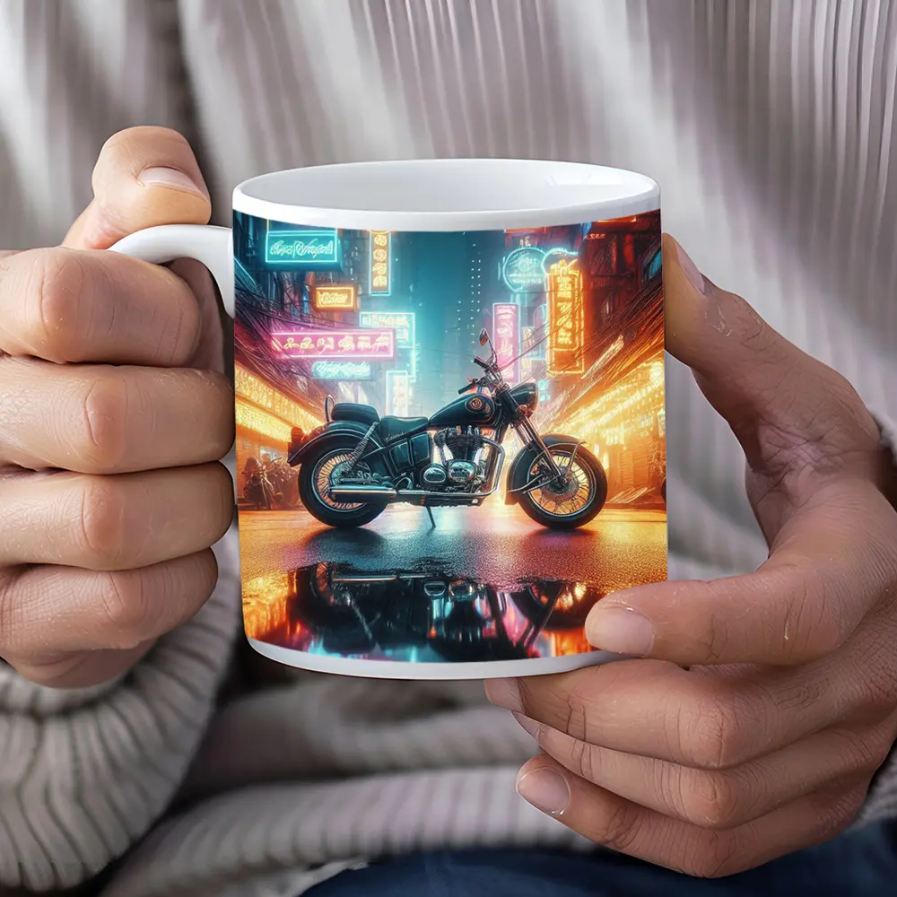 Classic Cruiser Motorcycle Neon City Night – Mugs