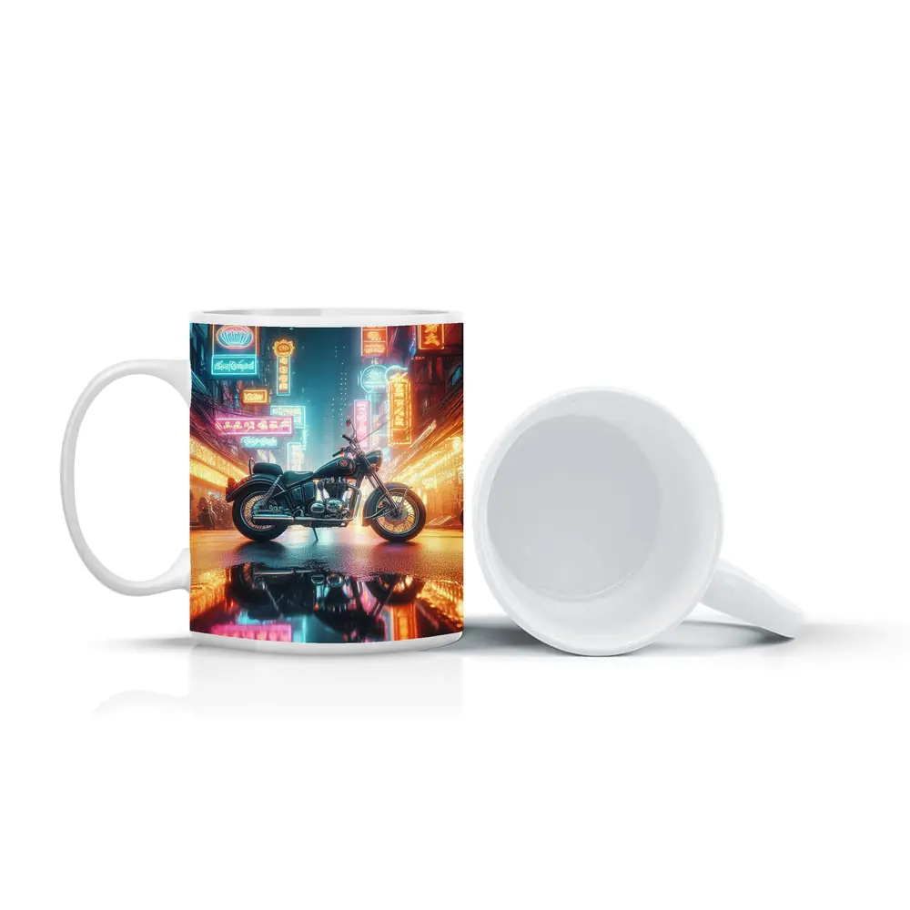 Classic Cruiser Motorcycle Neon City Night – Mugs
