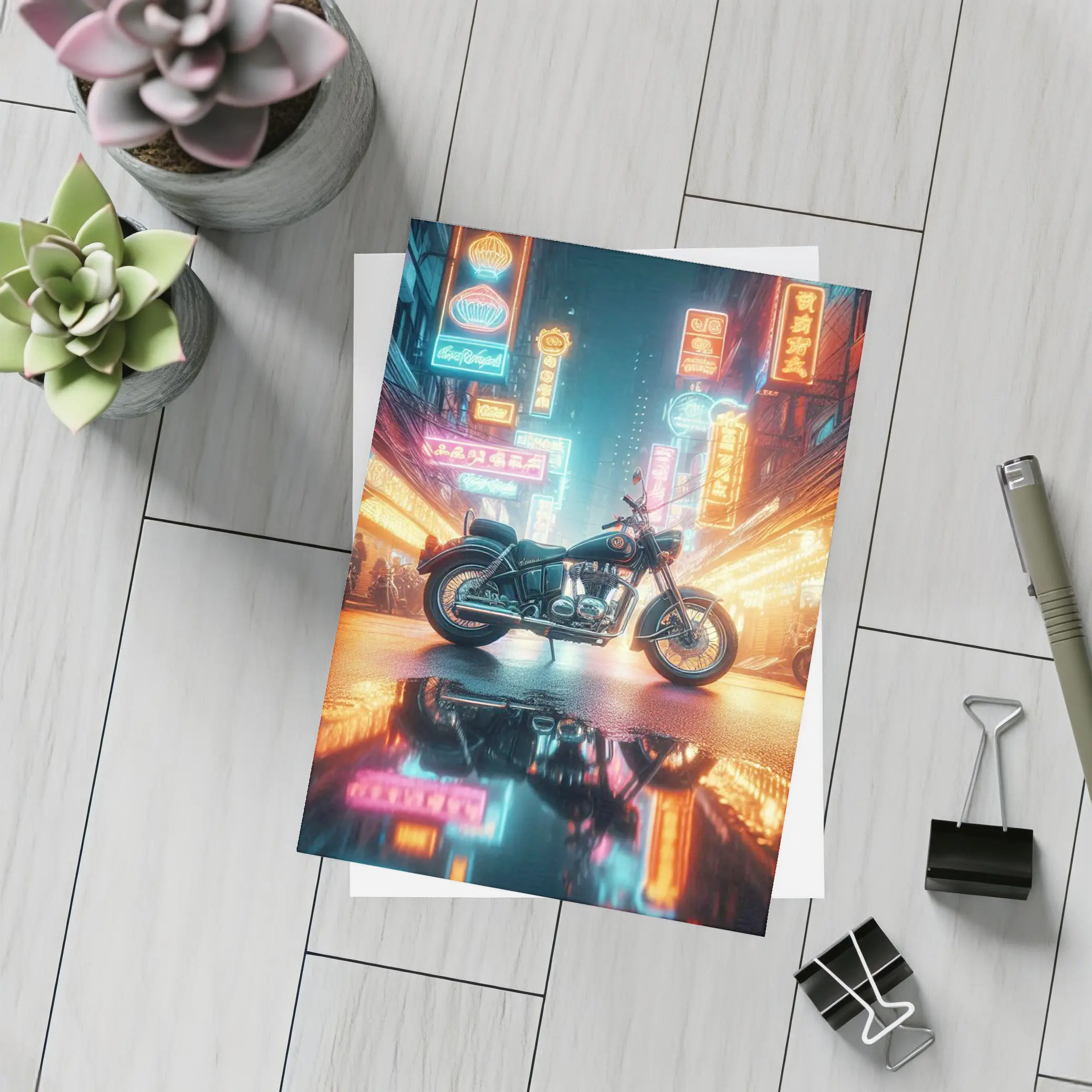 Classic Cruiser Motorcycle Neon City Night – Postcards