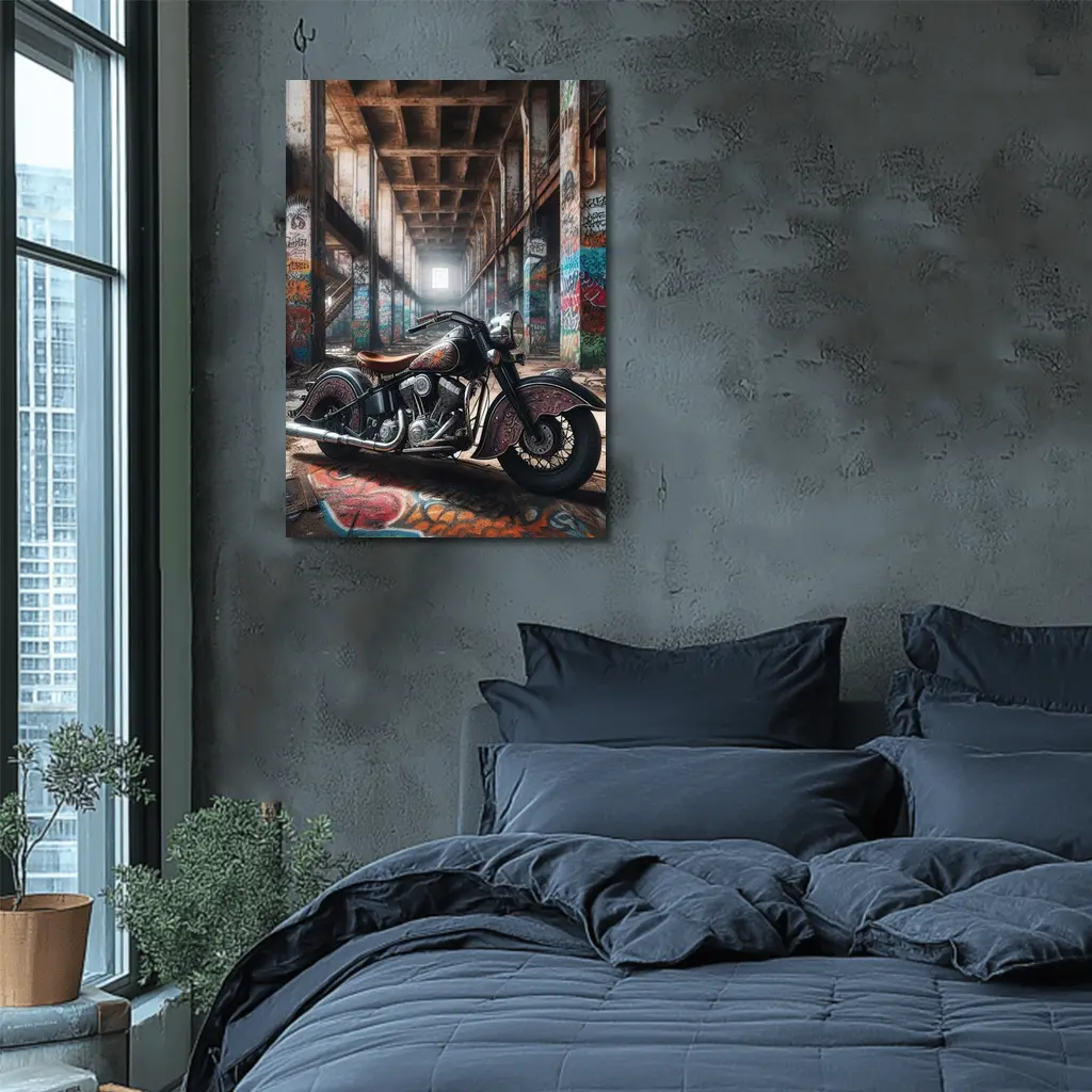 Indian Motorcycle Parked in Graffiti Warehouse – Wall Art