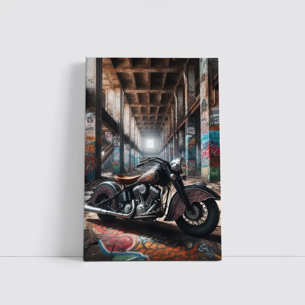 Indian Motorcycle Parked in Graffiti Warehouse – Wall Art