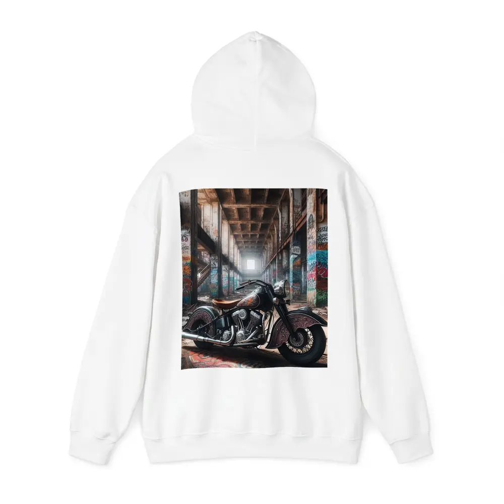 Indian Motorcycle Parked in Graffiti Warehouse – Hoodies