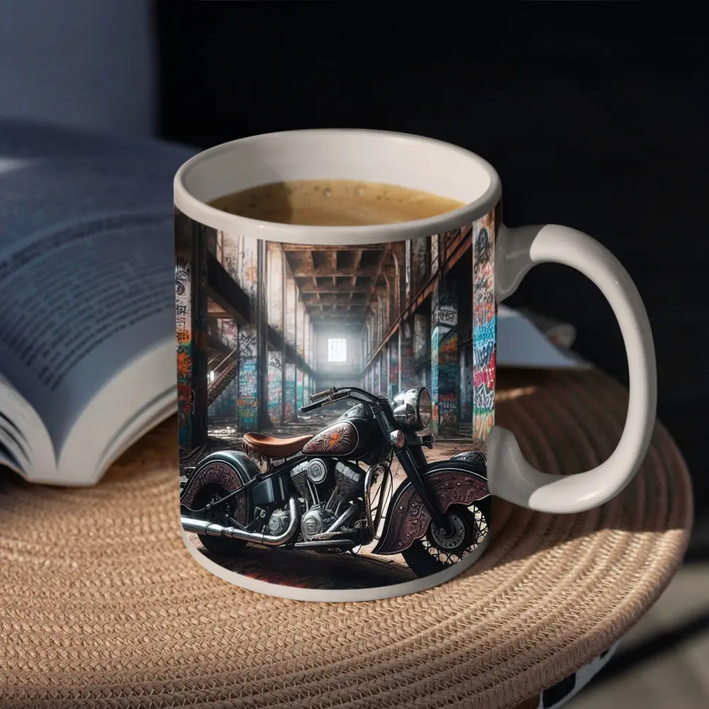 Indian Motorcycle Parked in Graffiti Warehouse – Mugs
