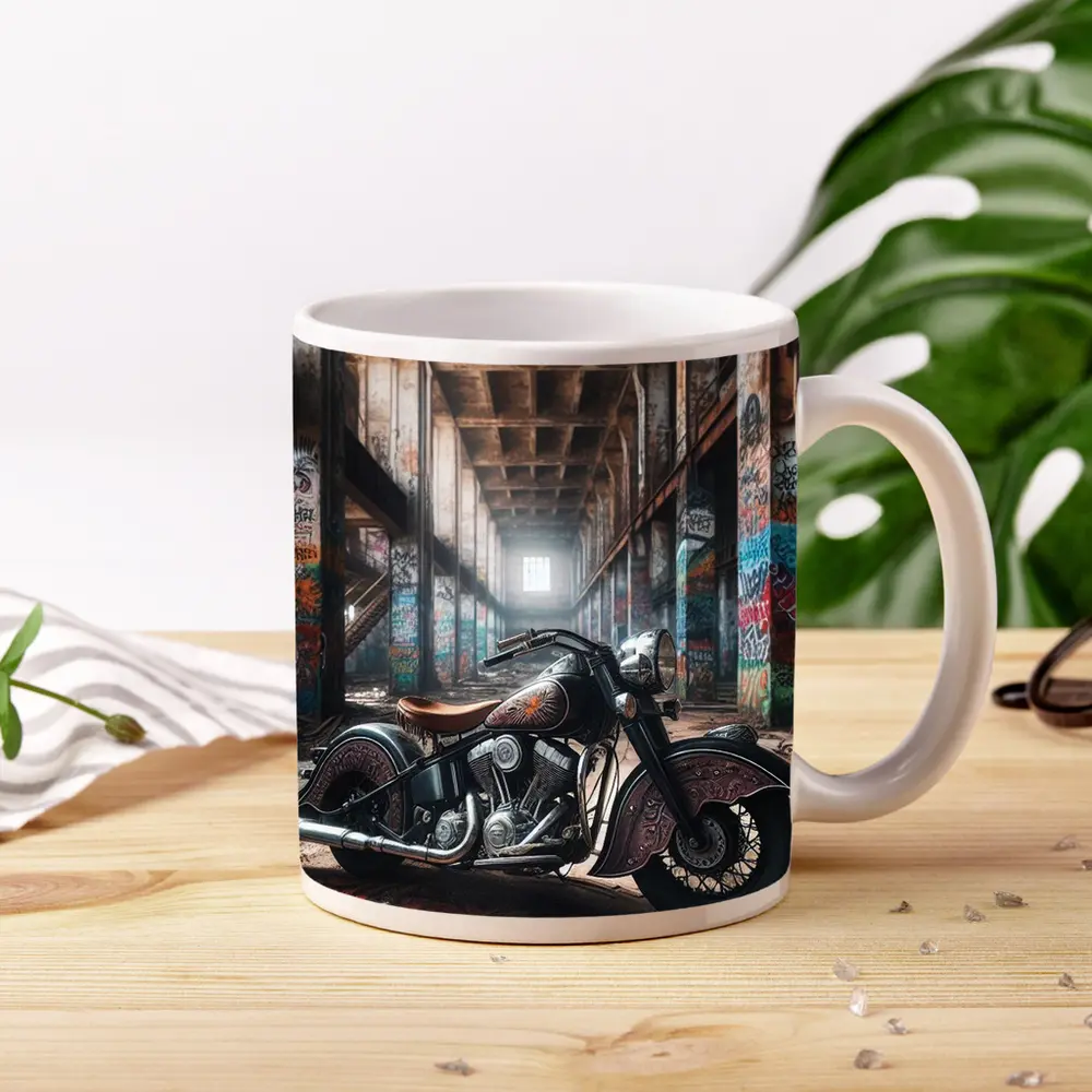 Indian Motorcycle Parked in Graffiti Warehouse – Mugs