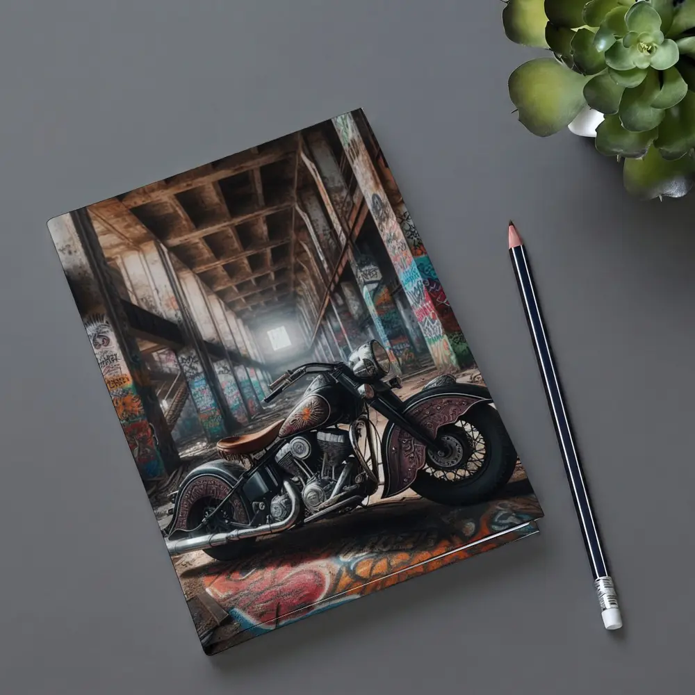 Indian Motorcycle Parked in Graffiti Warehouse – Notebooks