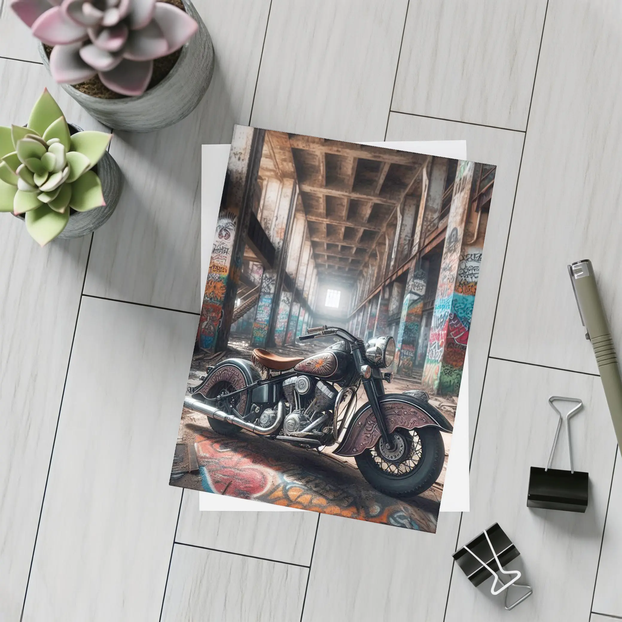 Indian Motorcycle Parked in Graffiti Warehouse – Postcards