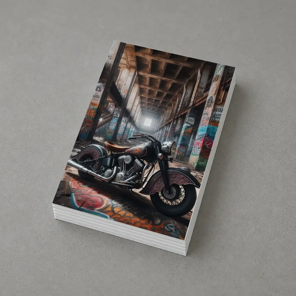 Indian Motorcycle Parked in Graffiti Warehouse – Postcards