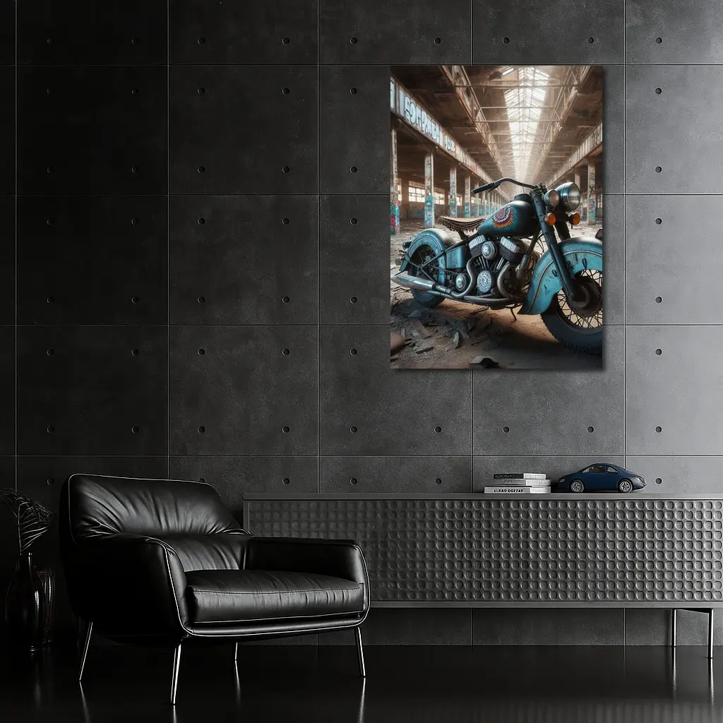 Vintage Indian Motorcycle Abandoned Industrial Warehouse – Wall Art