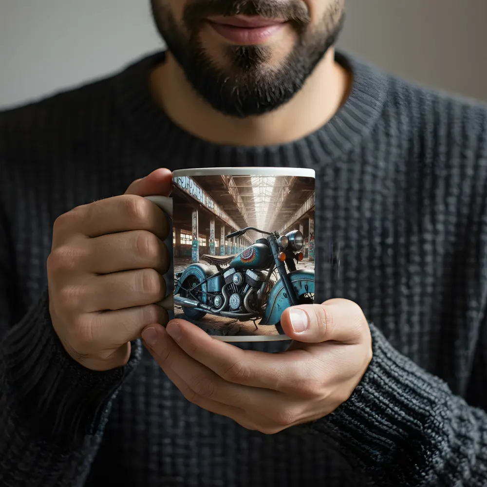 Vintage Indian Motorcycle Abandoned Industrial Warehouse – Mugs