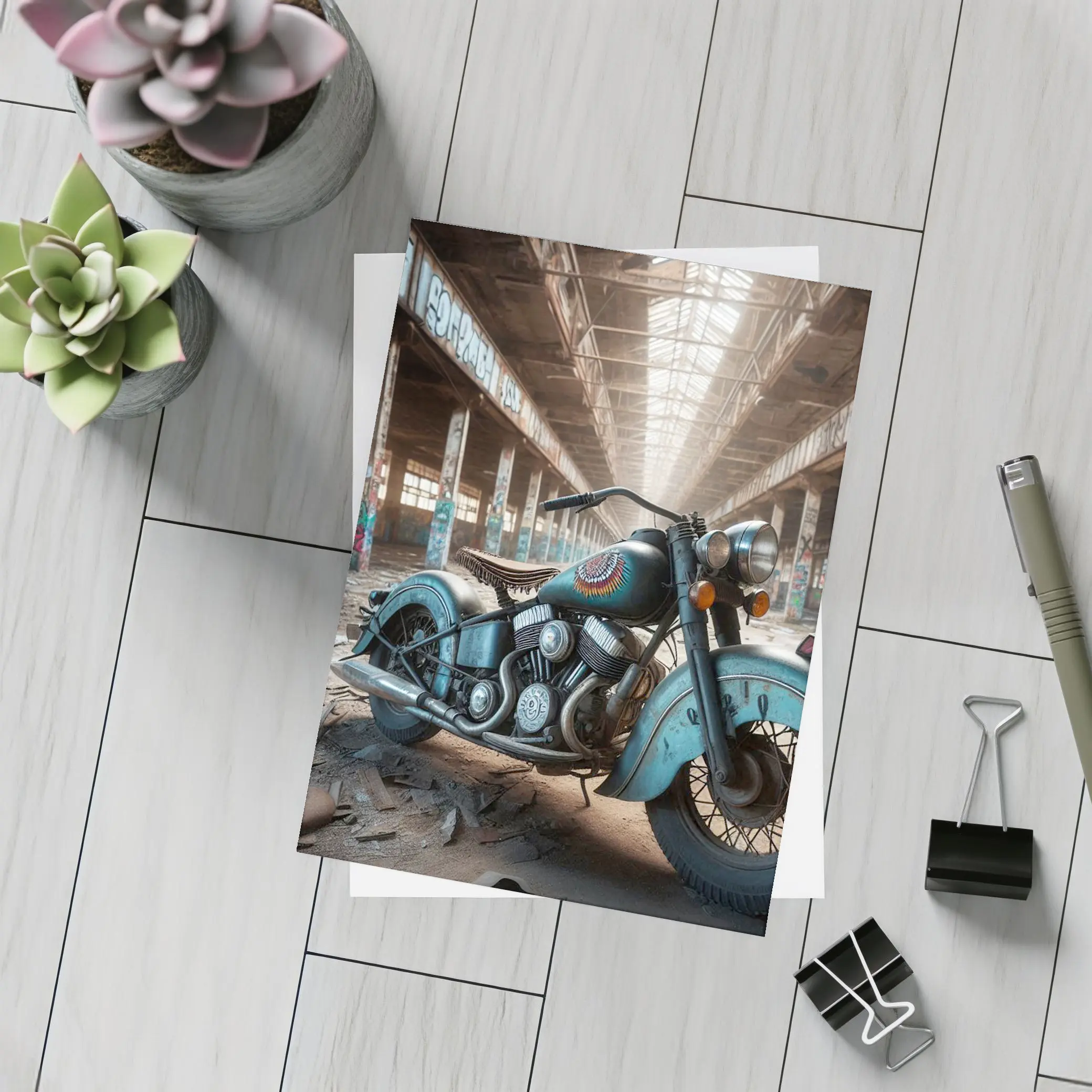 Vintage Indian Motorcycle Abandoned Industrial Warehouse – Postcards