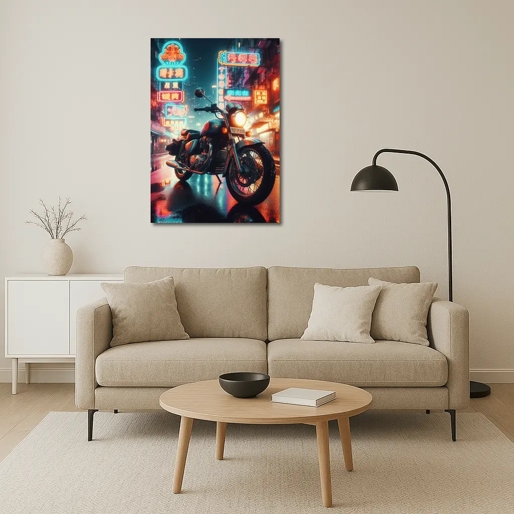 Classic Cruiser Motorcycle Neon City Night – Wall Art