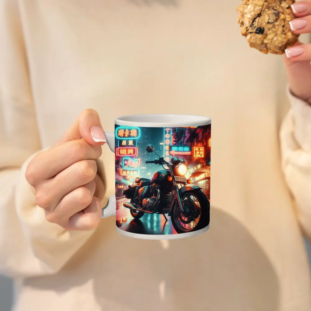 Classic Cruiser Motorcycle Neon City Night – Mugs