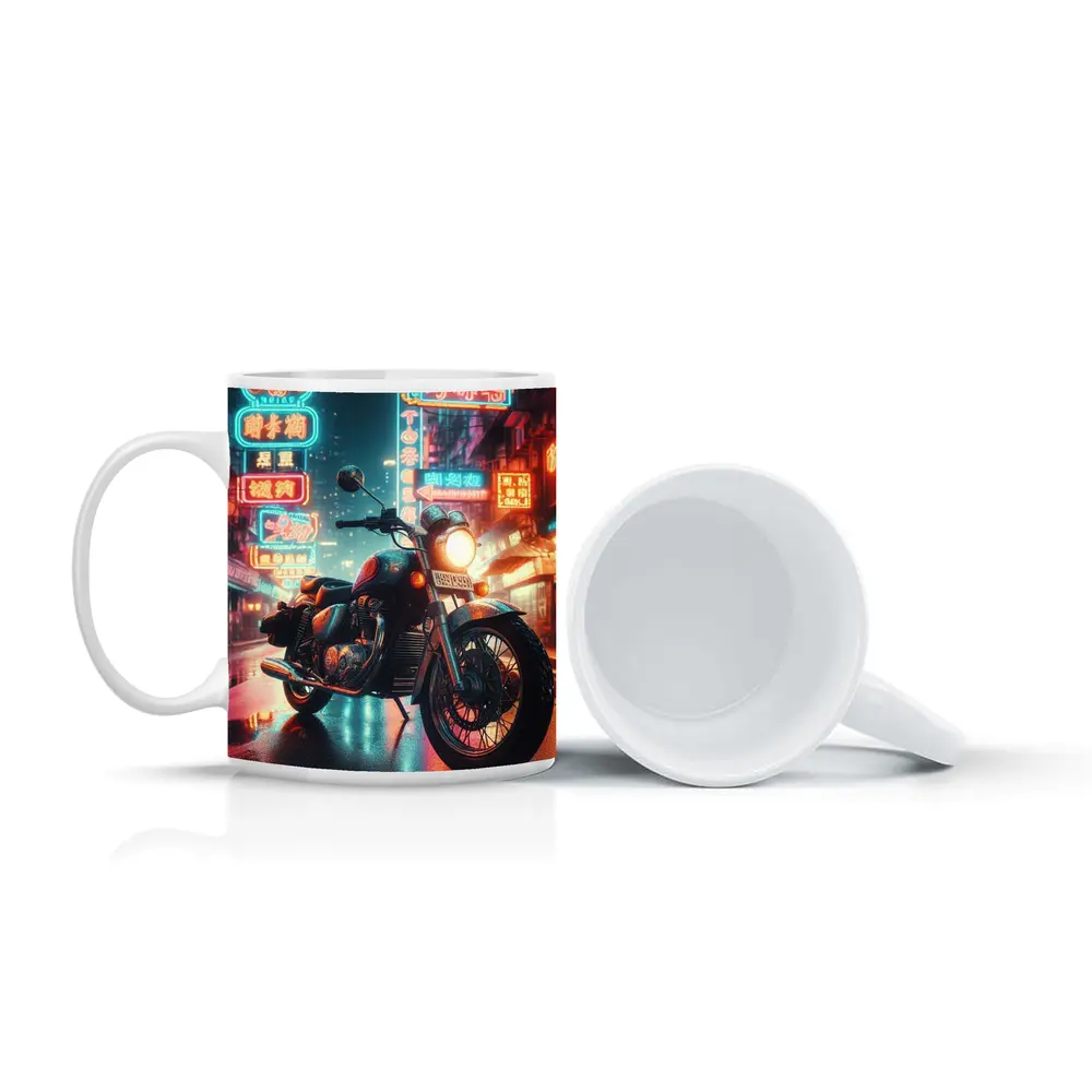 Classic Cruiser Motorcycle Neon City Night – Mugs