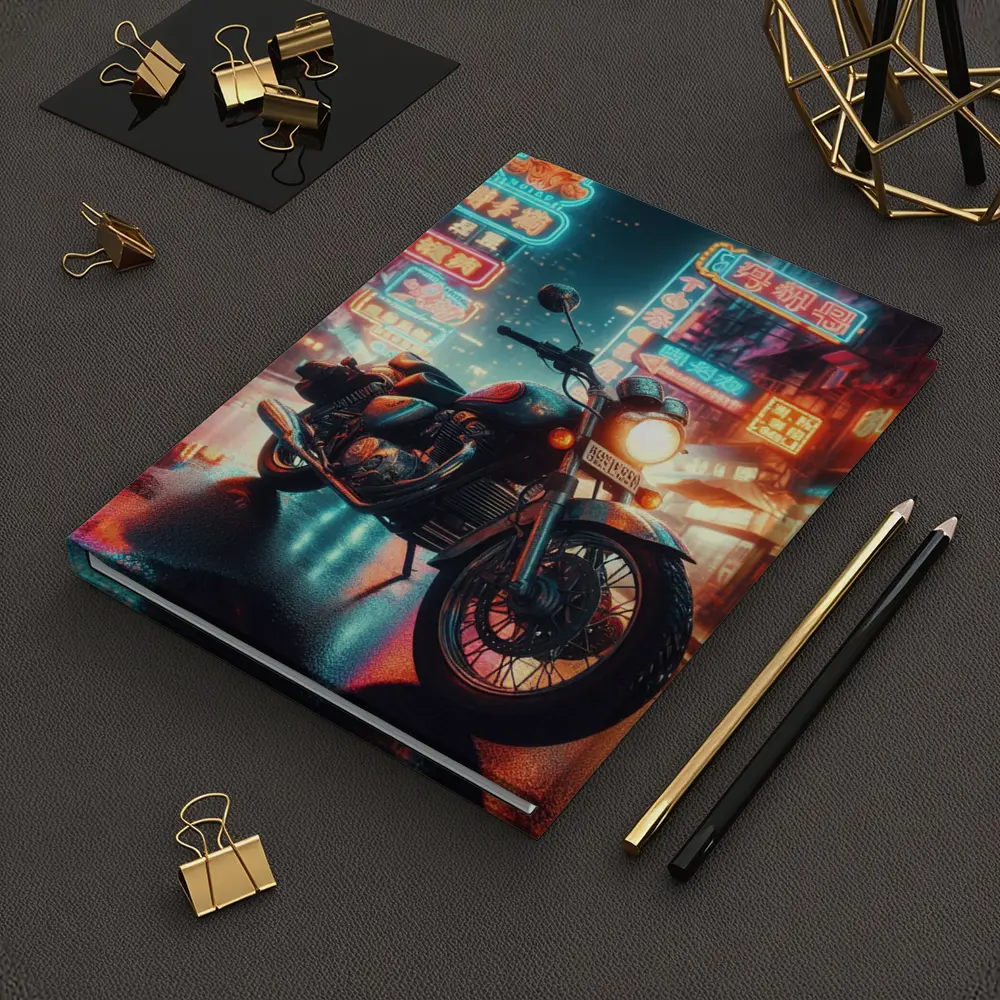 Classic Cruiser Motorcycle Neon City Night – Notebooks