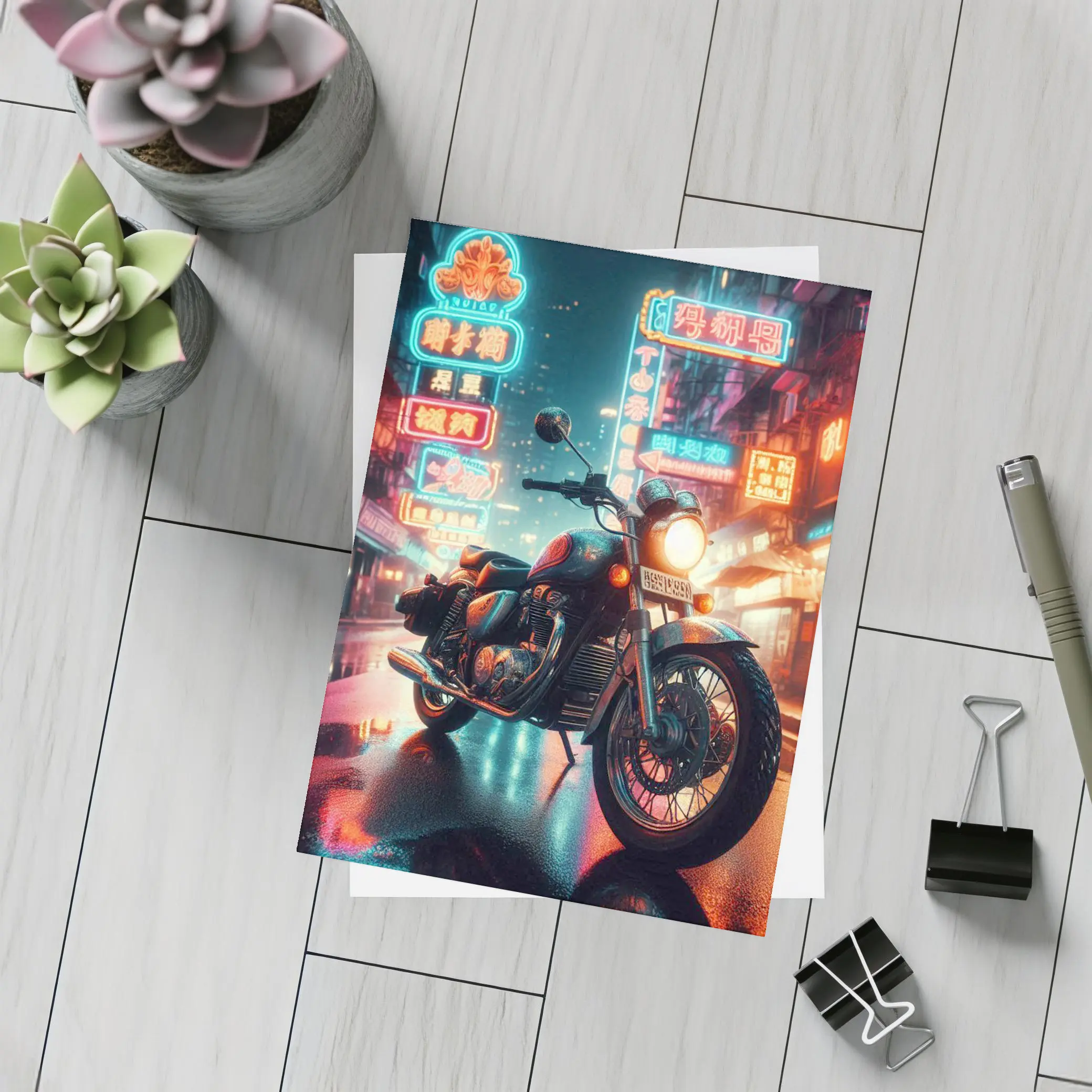 Classic Cruiser Motorcycle Neon City Night – Postcards