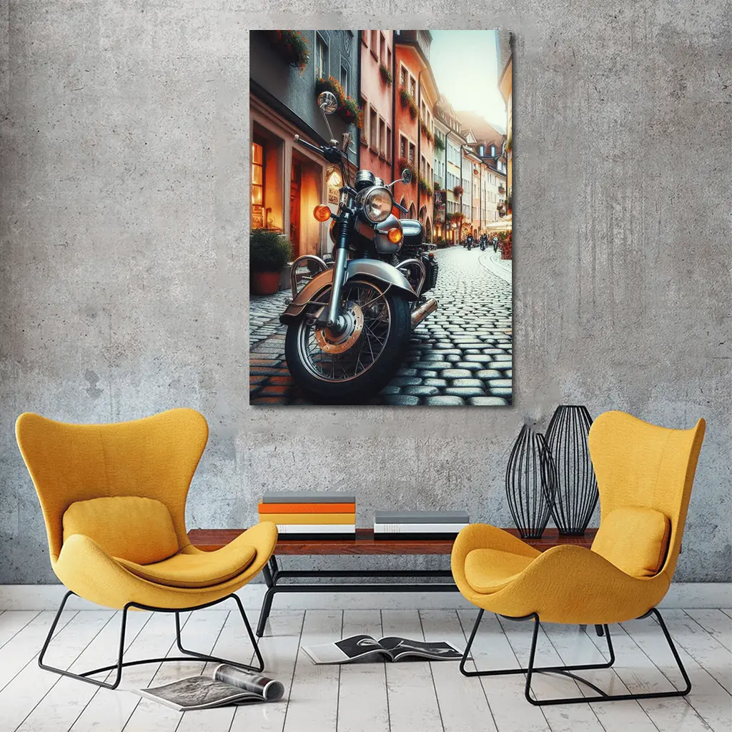 Classic Cruiser Motorcycle Parked Cobblestone European Street – Wall Art