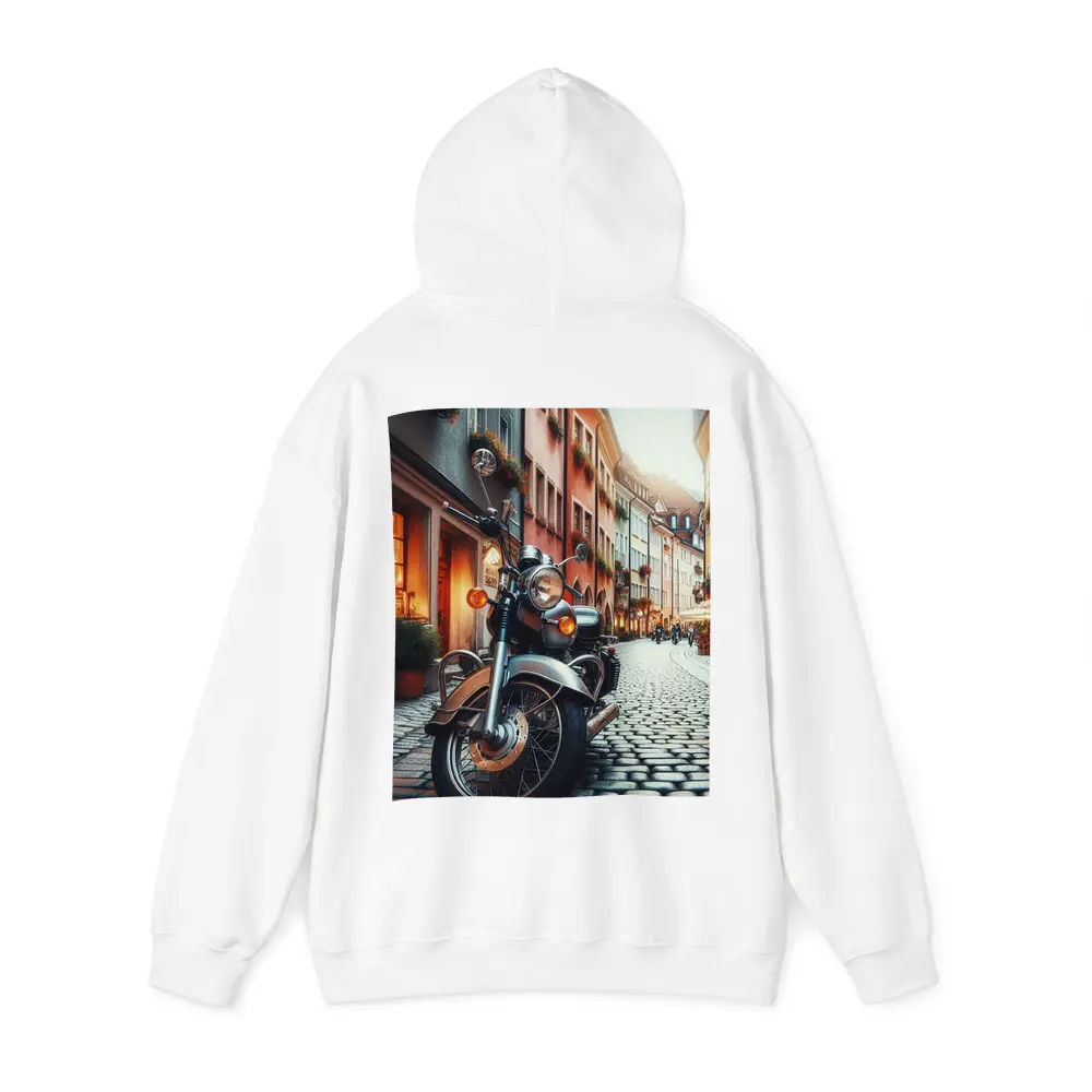 Classic Cruiser Motorcycle Parked Cobblestone European Street – Hoodies
