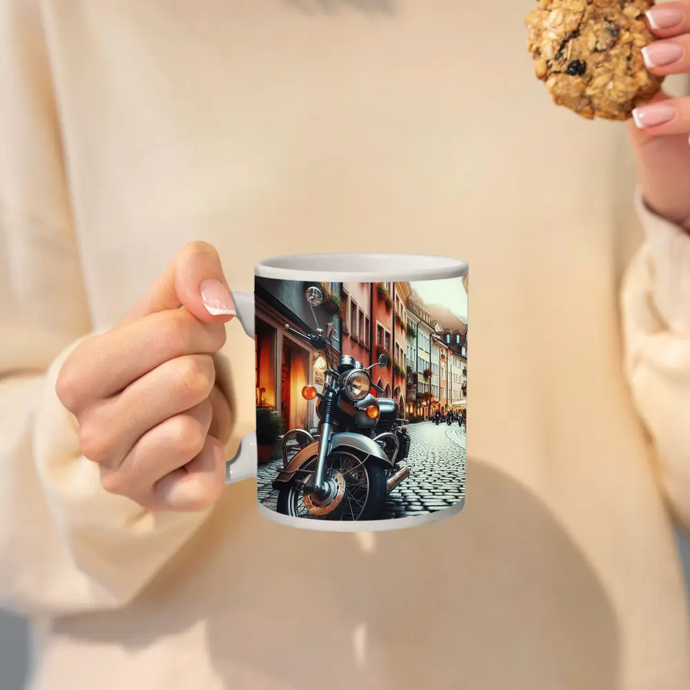 Classic Cruiser Motorcycle Parked Cobblestone European Street – Mugs